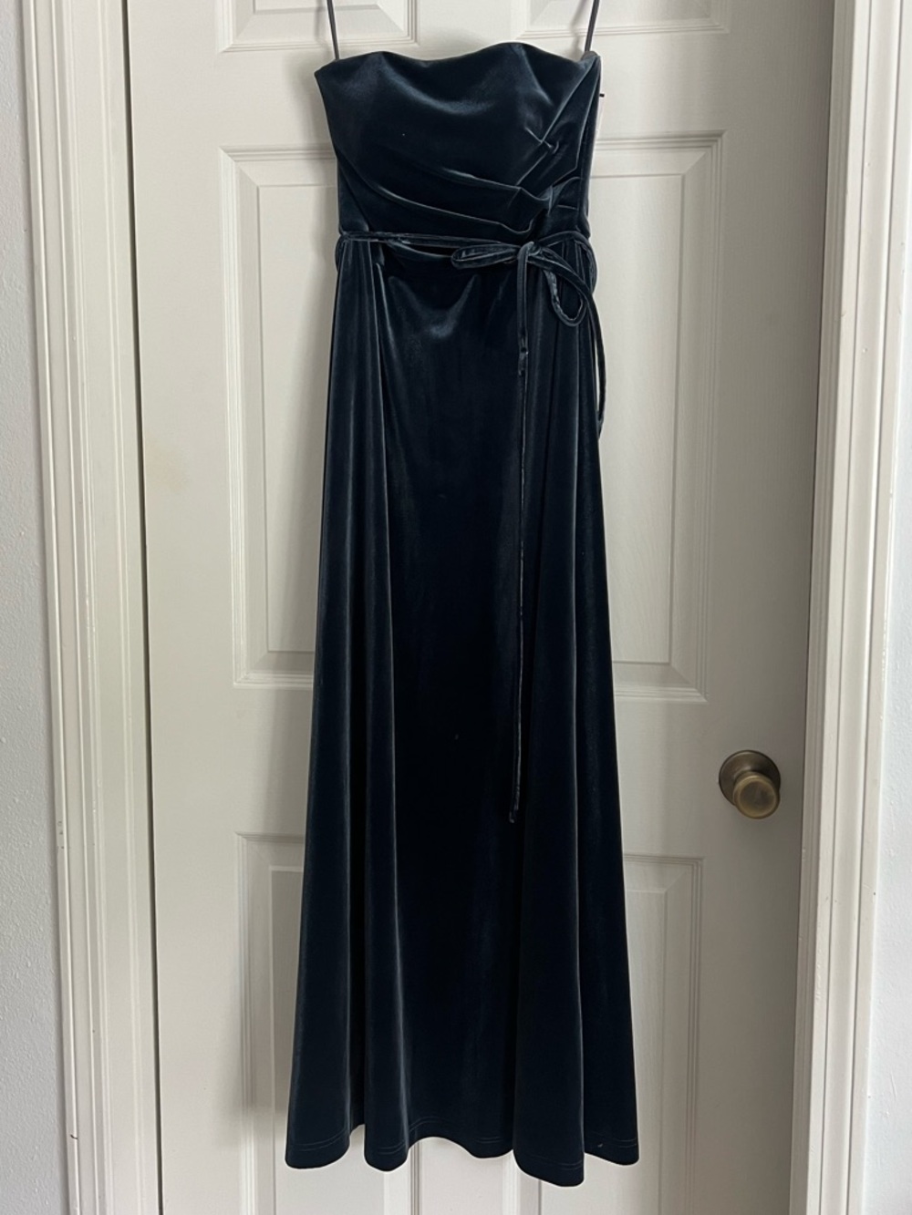 NWT Marchesa Notte Slate Blue Strapless Velvet Maxi Dress with Waist Tie Sz 0